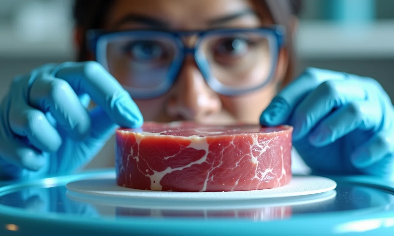 Cientista analisa amostra de carne de laboratório em laboratório de alta tecnologia.
