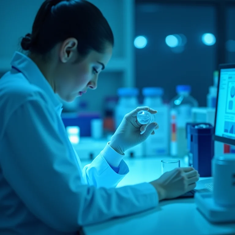 Cientista trabalhando em um laboratório com visualização de sequência de DNA.