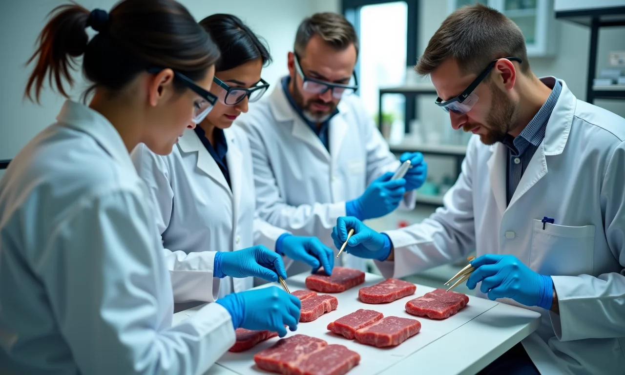 Cientistas analisando amostras de carne cultivada em laboratório.