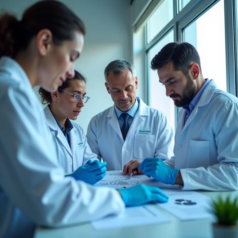 Cientistas analisando dados genéticos em um laboratório moderno.
