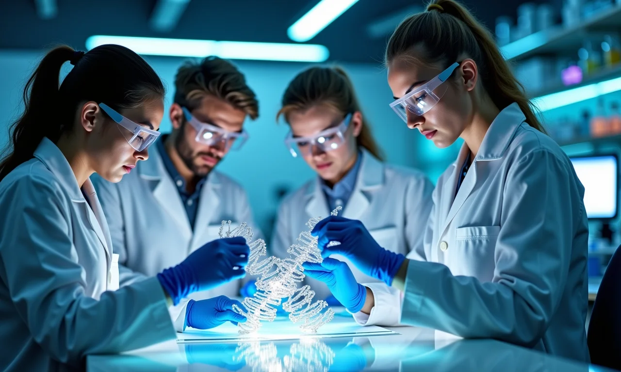 Cientistas criando DNA artificial em laboratório.