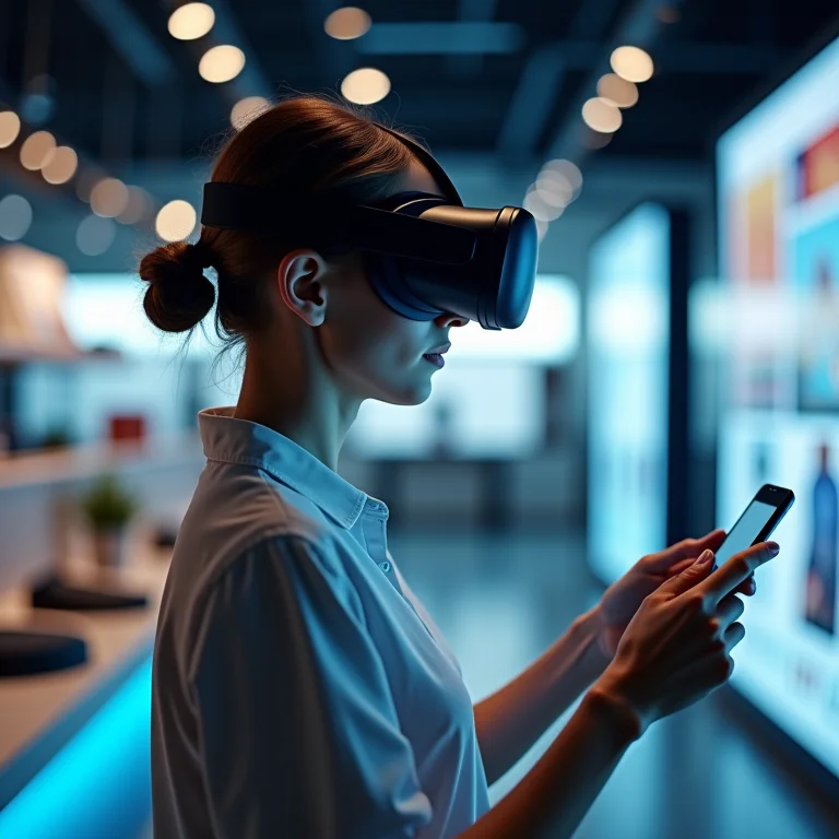 Cliente experimentando um produto com realidade virtual em loja.