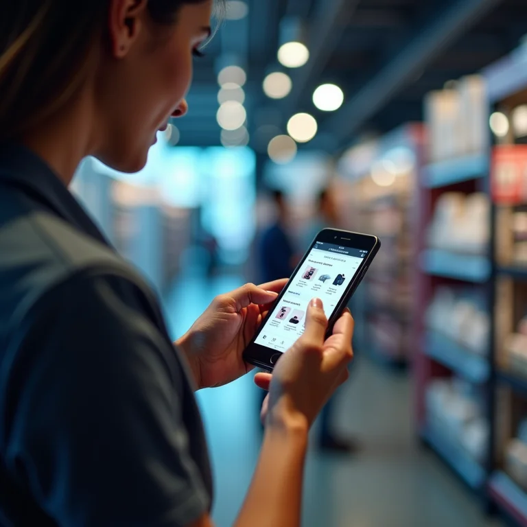 Cliente usando smartphone para comprar em loja física e online.