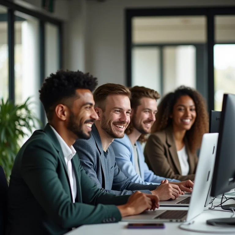 Colaboradores diversos sorrindo refletindo um bom clima organizacional.