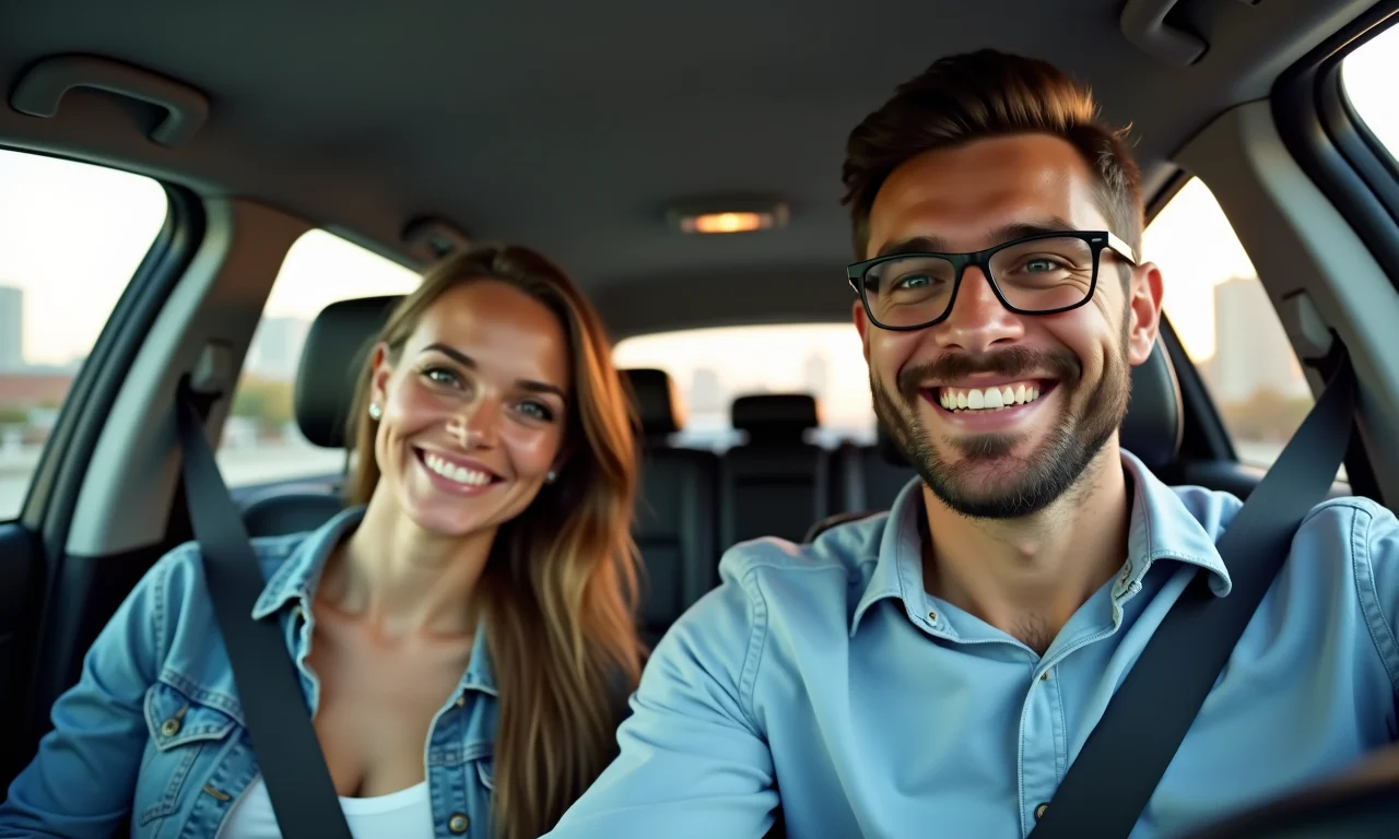 Colegas de trabalho sorrindo em carona compartilhada com Waze Carpool.