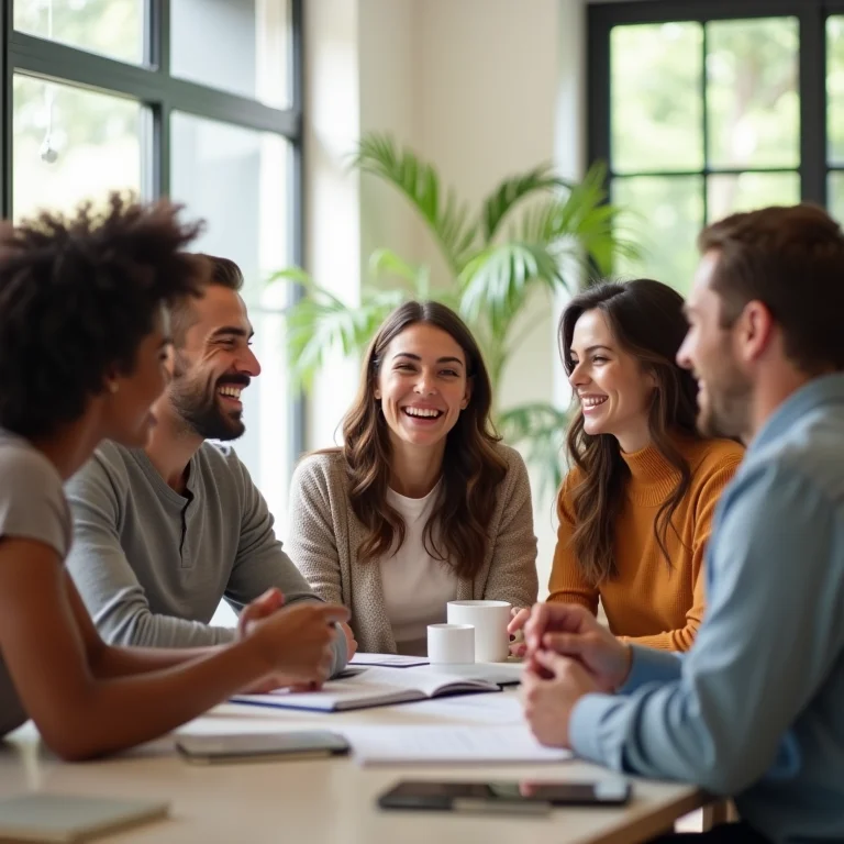 Colegas diversos rindo juntos, cultivando relacionamentos positivos no trabalho.