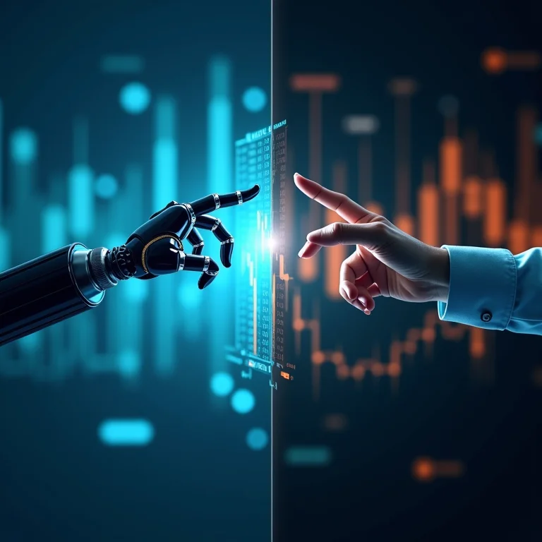 Comparativo entre um robô-consultor (braço robótico) e um consultor financeiro humano, mostrando as diferenças entre os serviços.