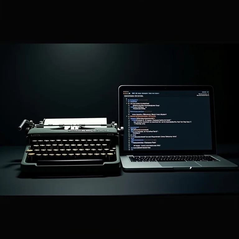 Comparativo entre uma máquina de escrever antiga e um laptop moderno, ilustrando a diferença entre alfabetização e letramento digital.