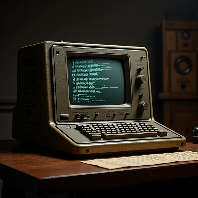 Computadores antigos e cartões perfurados representando os primórdios da tradução automática nos anos 1950.