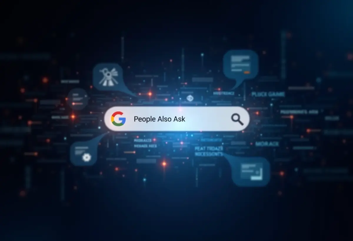 O que ninguém te conta sobre ‘Also Asked’ do Google Conceito visual de 'People Also Ask' do Google com elementos de SEO