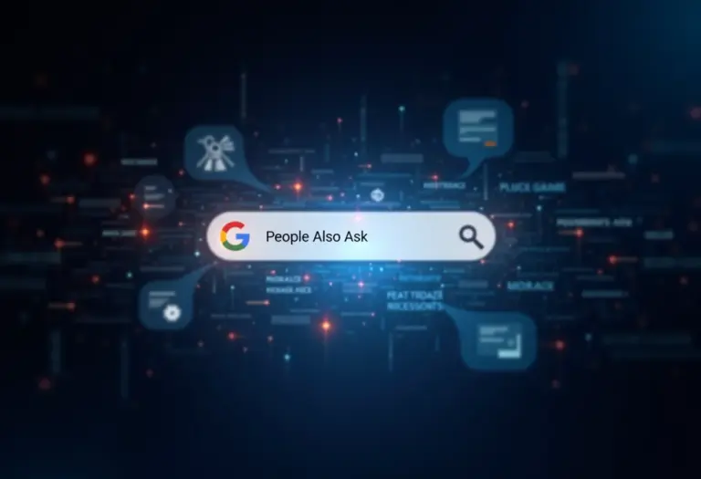 Conceito visual de 'People Also Ask' do Google com elementos de SEO