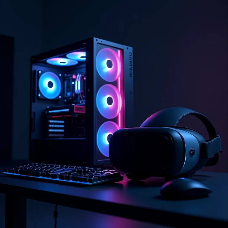 Configuração de PC gamer de alto desempenho ao lado de um headset de realidade mista autônomo.