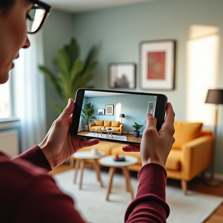 Consumidor utilizando aplicativo de realidade mista para visualizar móveis em sua sala de estar antes de comprar.
