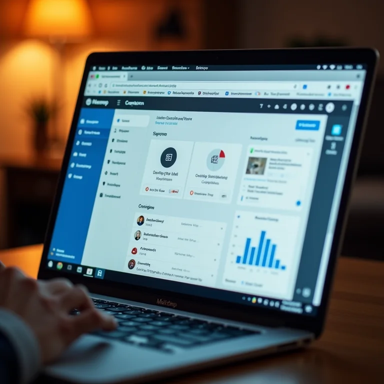 Dashboard do Mailchimp gerenciando campanhas de email marketing.
