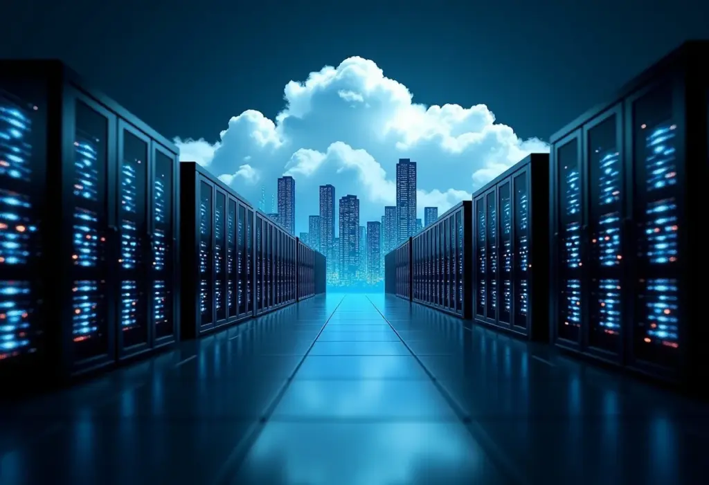 Data center moderno com servidores brilhantes e uma nuvem estilizada acima
