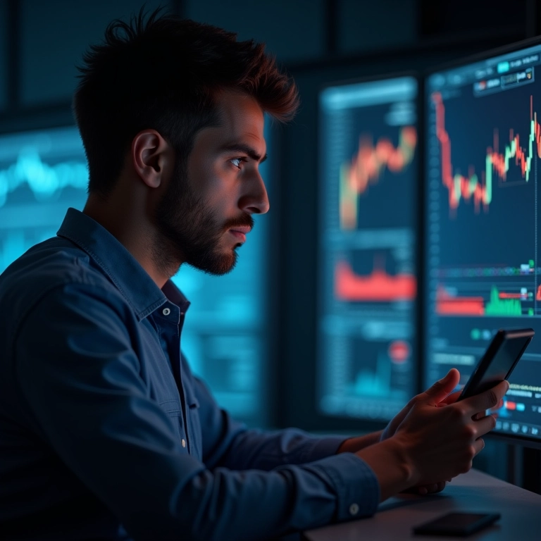 Day trader analisando múltiplos gráficos com indicadores e ferramentas, mostrando foco e concentração.