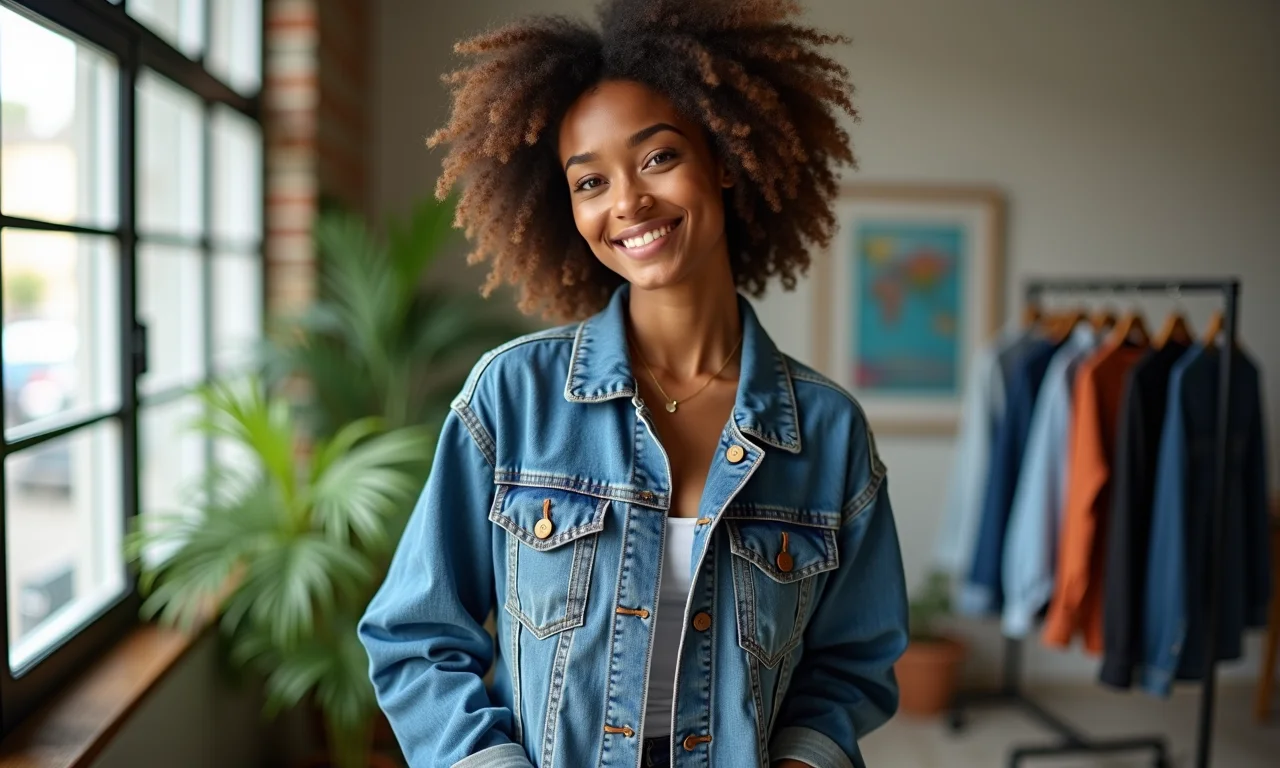 Designer transformando jeans velhos em uma jaqueta estilosa em um estúdio iluminado.