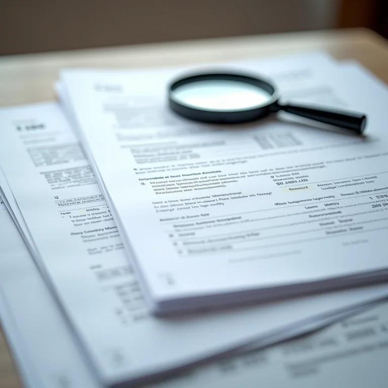Detalhe de documentos financeiros de herança com lupa, enfatizando a importância da declaração no Imposto de Renda.