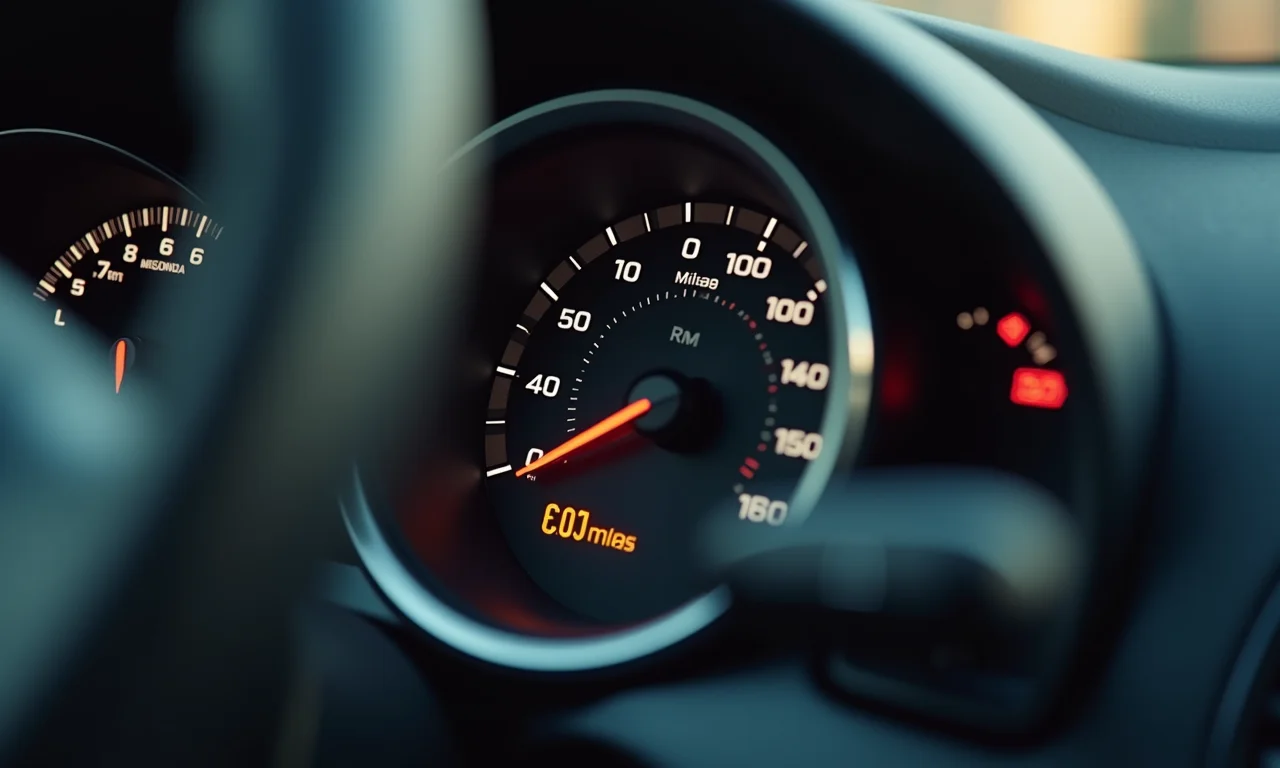 Detalhe do velocímetro mostrando baixa quilometragem e depreciação do veículo.