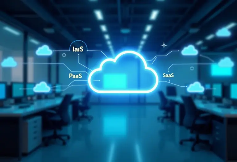 Diagrama visualizando a arquitetura de IaaS, PaaS e SaaS em um ambiente de computação em nuvem moderno.