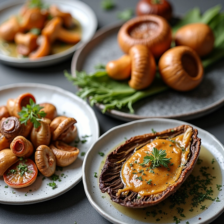 Diversos pratos gourmet com diferentes tipos de cogumelos comestíveis, uma fonte rica em proteínas e sabor.