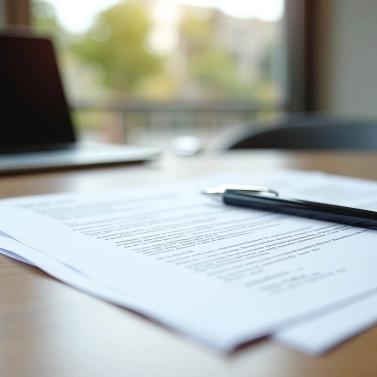 Documentos legais e caneta sobre mesa, simbolizando legalização de empresa imobiliária.
