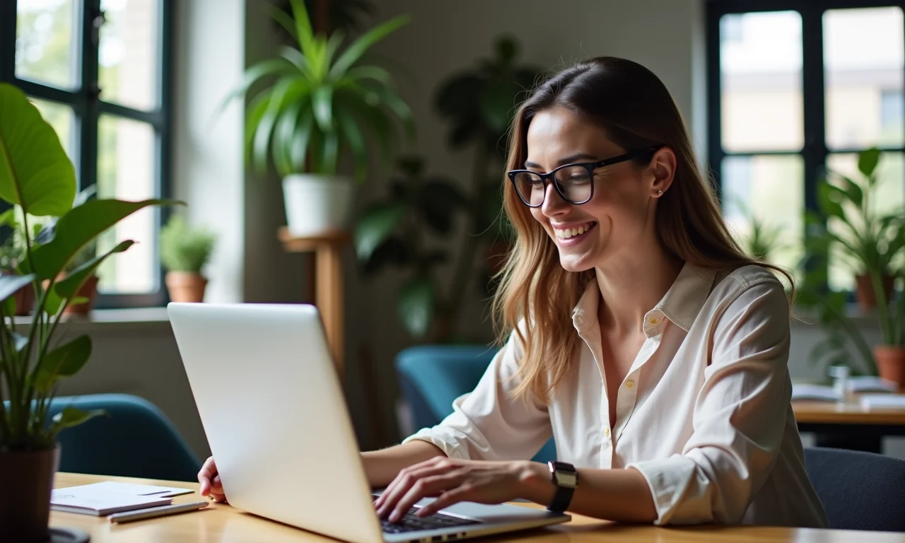 Dona de pequena empresa gerenciando tarefas com o Zoho CRM em um escritório moderno.
