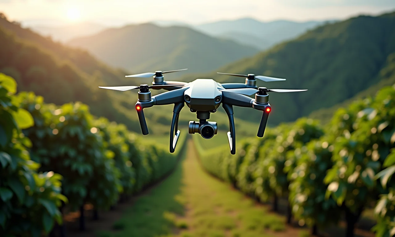 Drone monitorando irrigação em plantação de café.