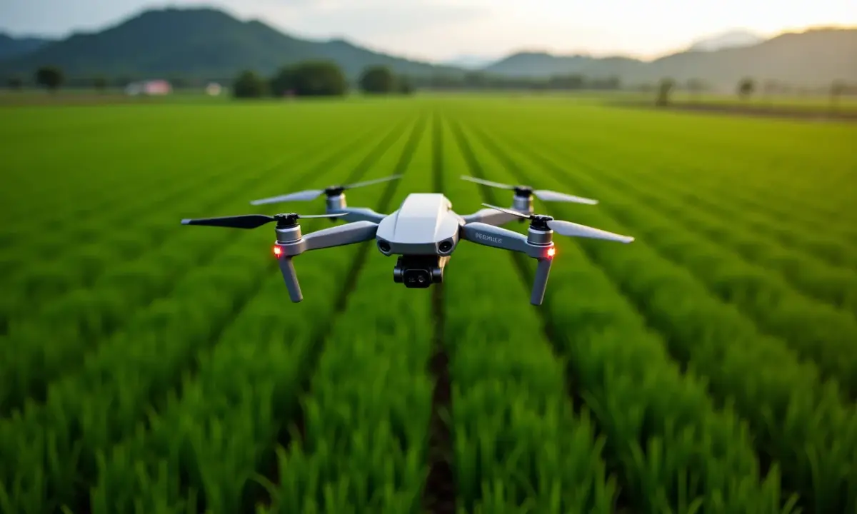 Drones na agricultura: os olhos no céu que monitoram a saúde das plantações Drone monitorando plantação exuberante no Brasil.