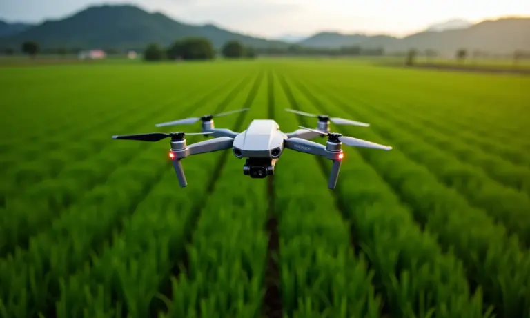 Drones na agricultura: os olhos no céu que monitoram a saúde das plantações Drone monitorando plantação exuberante no Brasil.