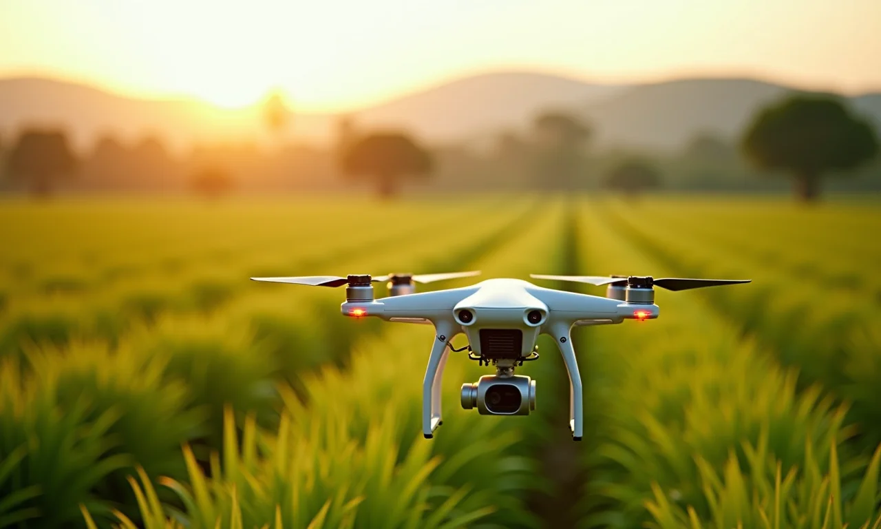 Drone pulverizando plantação com agricultores examinando.