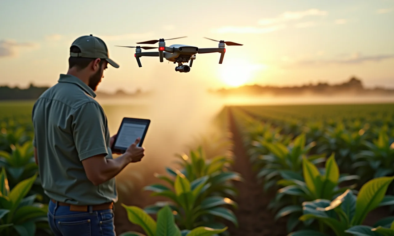Drone pulverizando plantação de soja no Brasil.