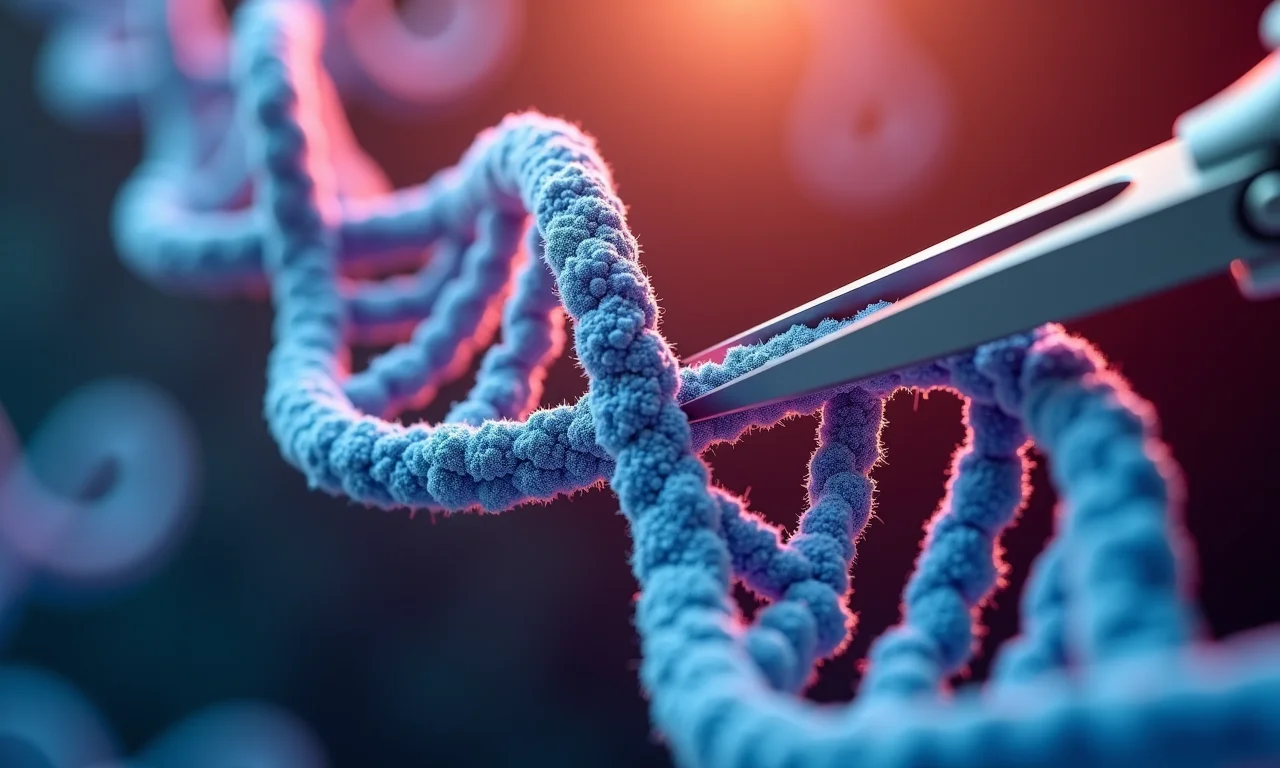 Edição de genes CRISPR com tesoura molecular cortando DNA.