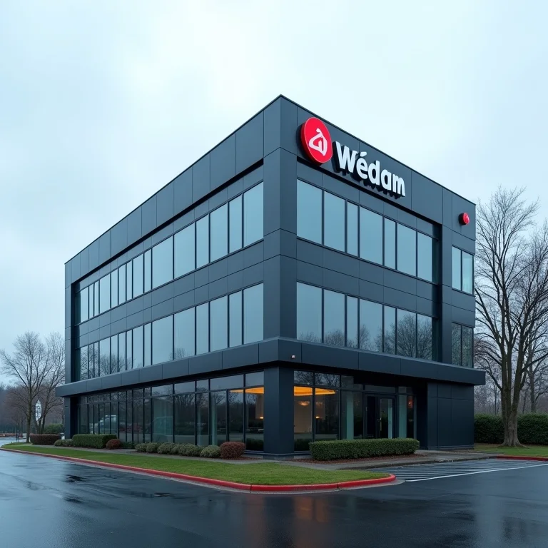 Edifício de escritórios com o logo da empresa, representando um único estabelecimento.