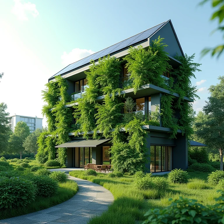 Edifício sustentável com painéis solares e jardins verticais.