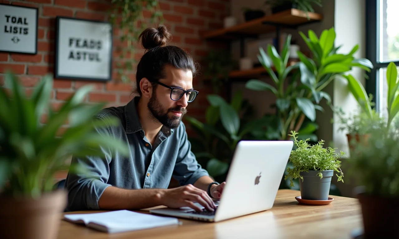 Empreendedor brasileiro trabalhando com motivação em espaço de trabalho inspirador.