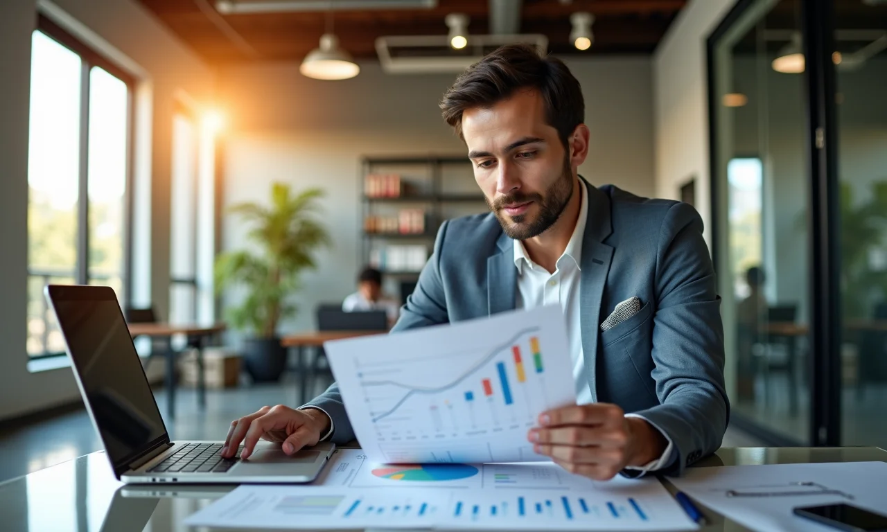 Empreendedor estudando relatórios financeiros e projeções de crescimento.