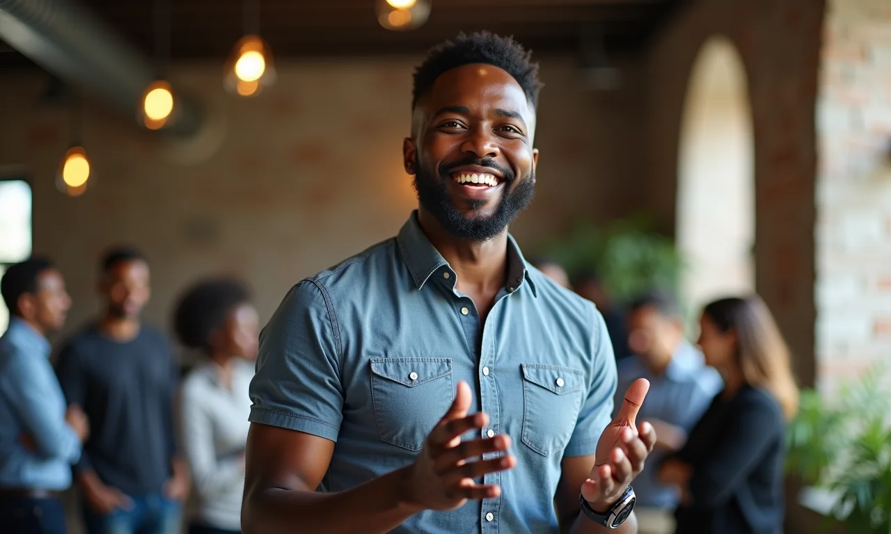 Empreendedor negro destacando seu diferencial competitivo com paixão.