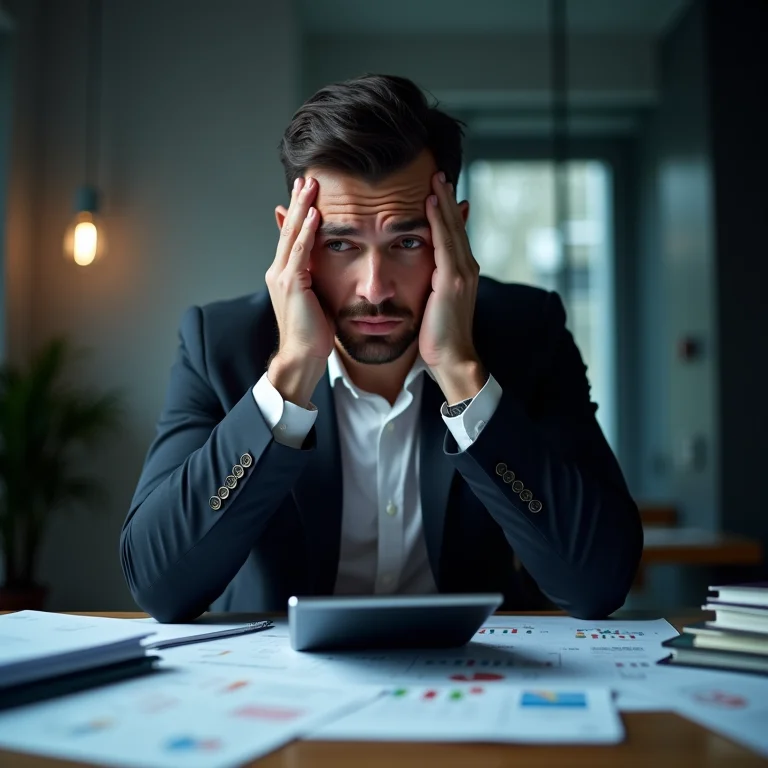 Empreendedor preocupado com cálculos financeiros.