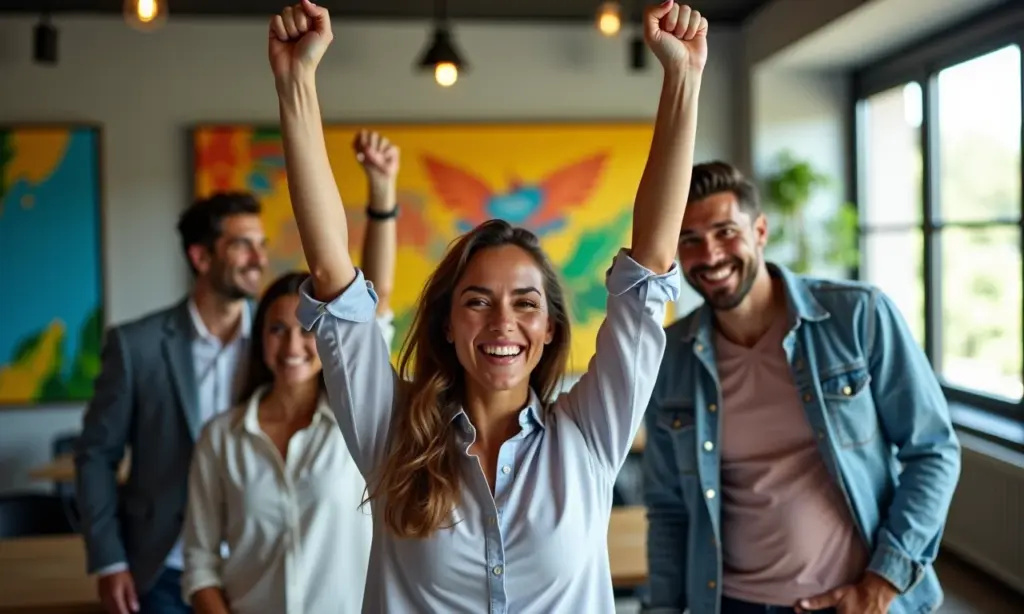 Empreendedores brasileiros celebram o sucesso em escritório moderno com arte brasileira.