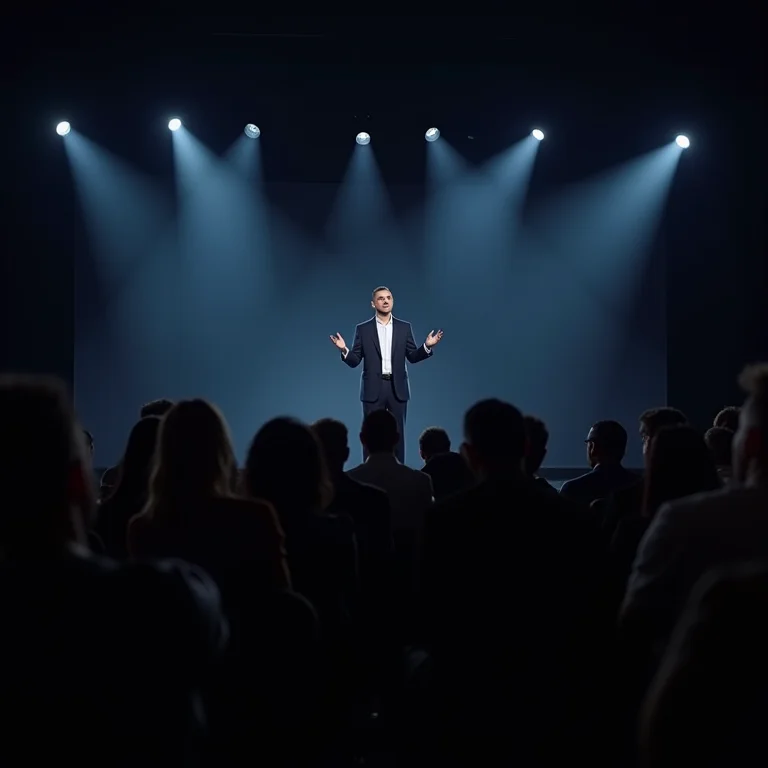 Empreendedores de sucesso no palco, representando exemplos práticos de sucesso.