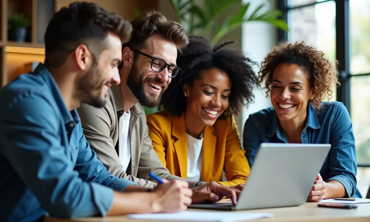 Empreendedores diversos colaborando em estratégia de marketing digital, mostrando crescimento do programa de afiliados.