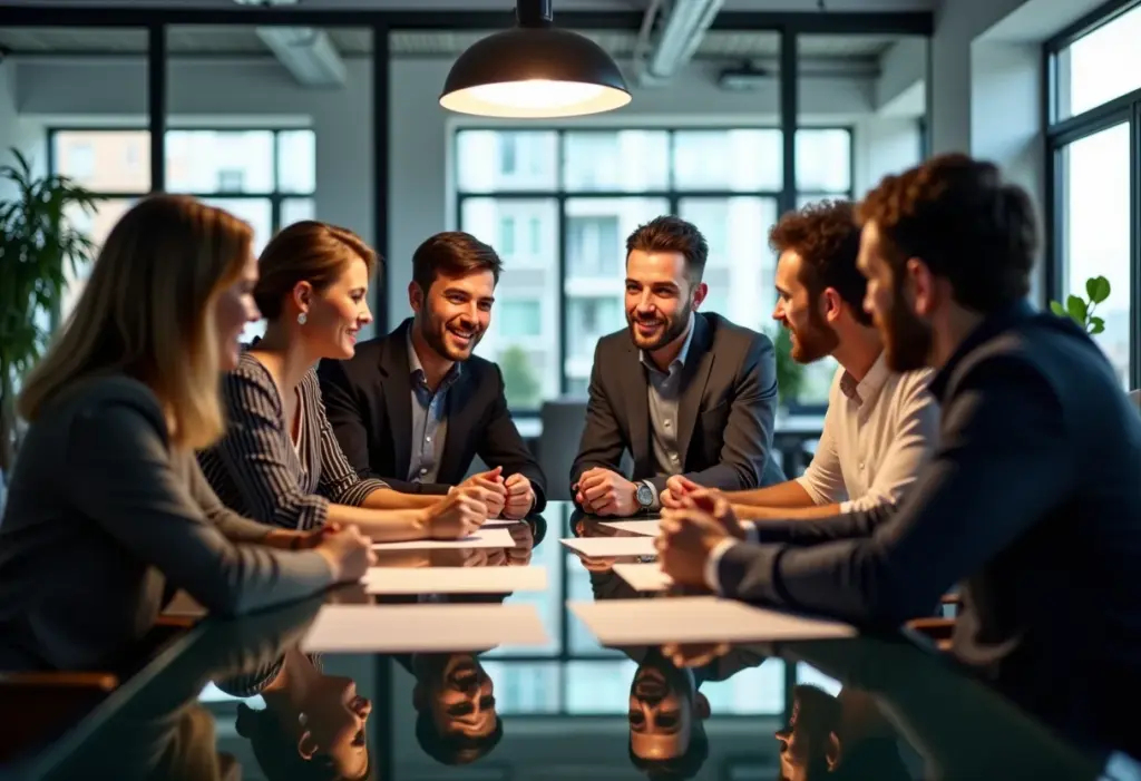Empreendedores diversos colaborando em um ambiente de escritório moderno, representando a economia da paixão.