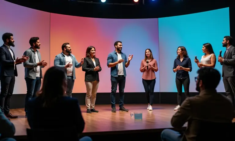 O Fenômeno do Empreendedorismo de Palco Mitos e Verdades Empreendedores diversos no palco, transmitindo paixão genuína.