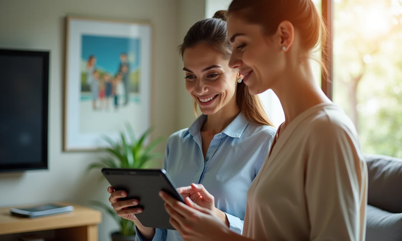 Empresária analisa fatores sociais da análise PESTEL em tablet, em apartamento moderno com decoração brasileira.