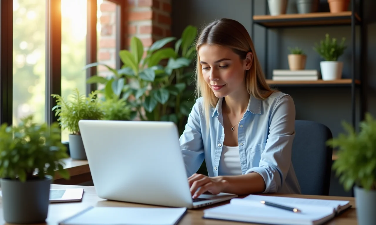 Empresária analisa regulamentações ambientais em laptop, em escritório sustentável com plantas e luz natural.