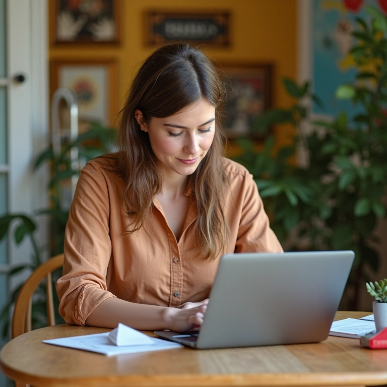 Empresária analisando resultados de SEO em escritório estilo Farm Rio.