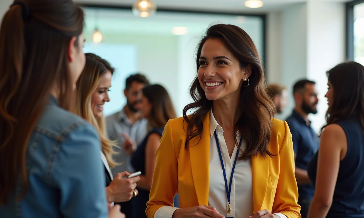 Empresária brasileira fazendo networking em evento do setor, vestindo roupas vibrantes.