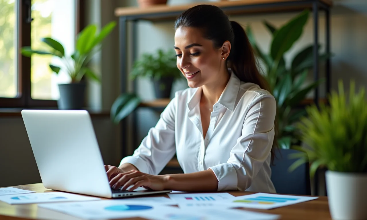 Empresária brasileira focada trabalhando em laptop com gráficos, representando foco em resultados.