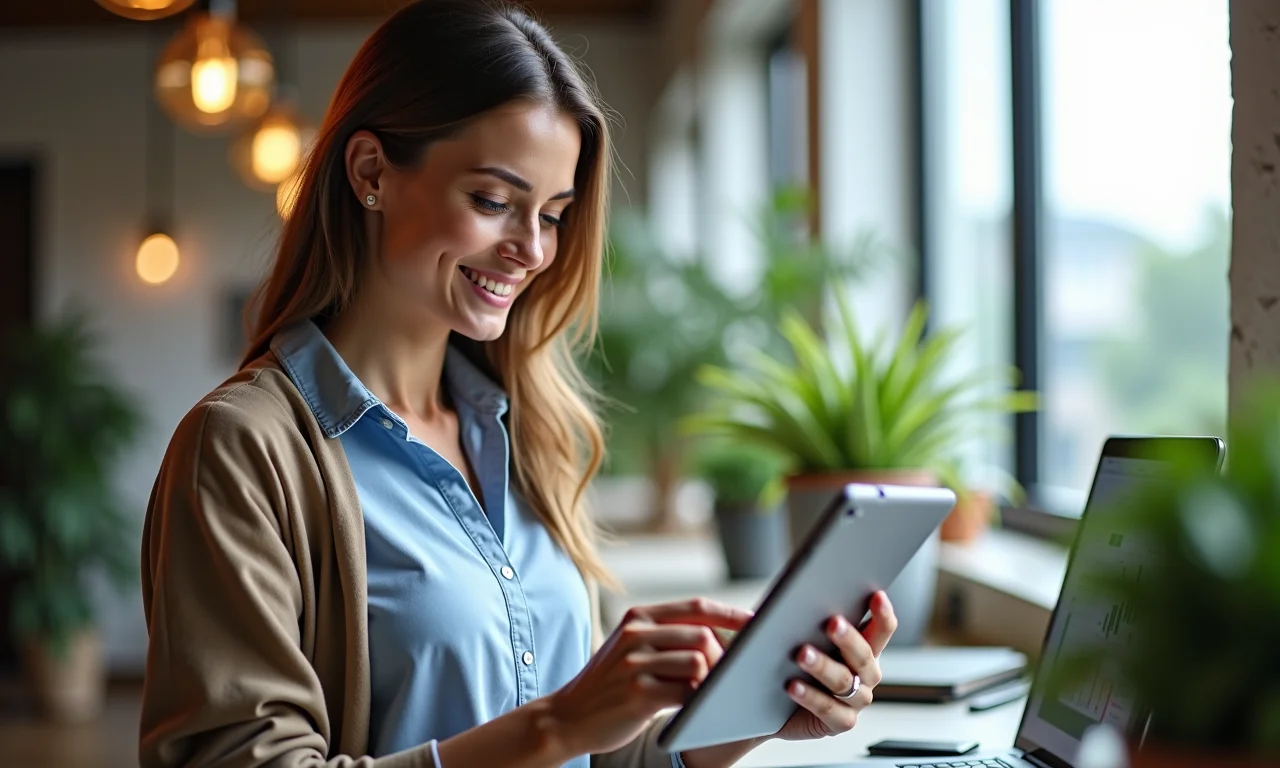 Empresária sorrindo ao analisar relatórios financeiros em tablet.